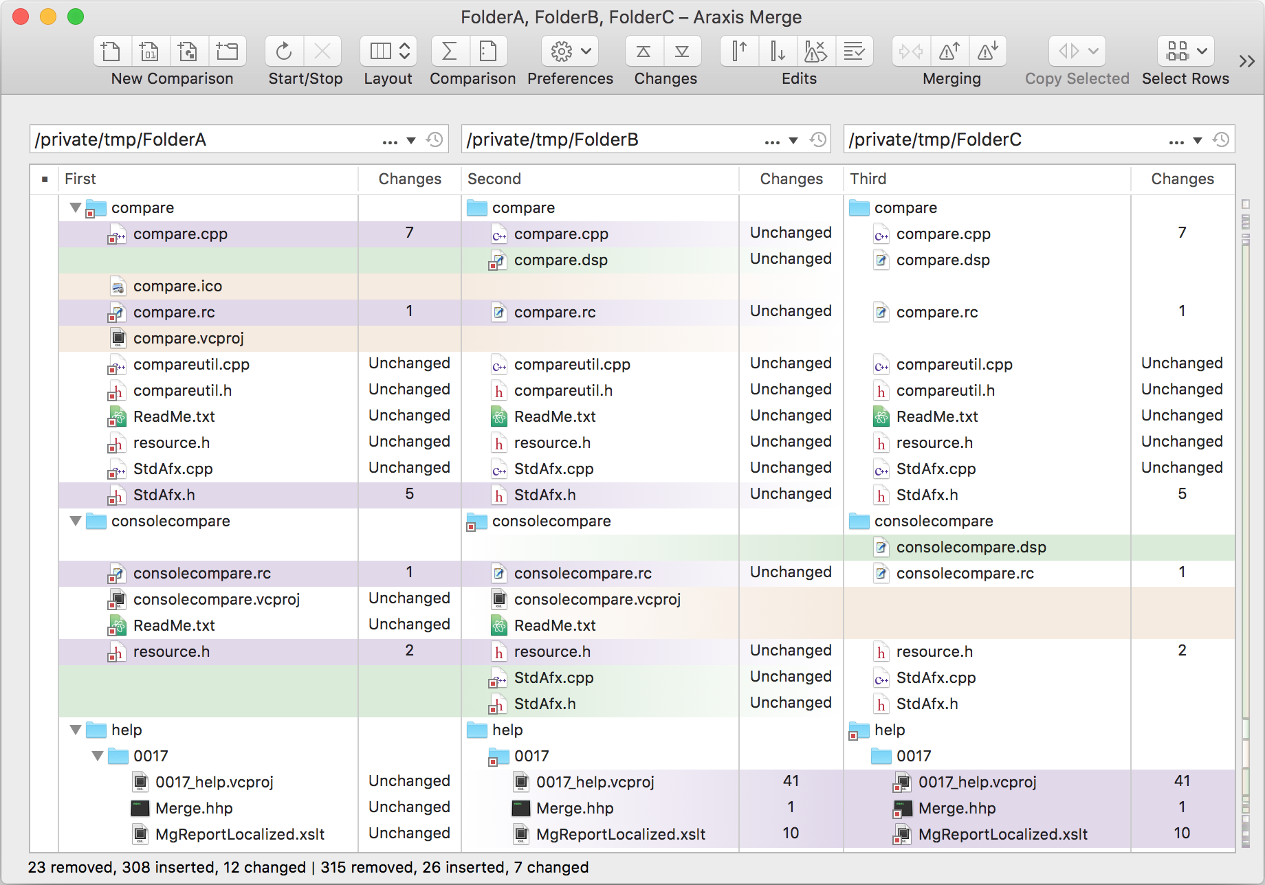 Three-way folder comparison window